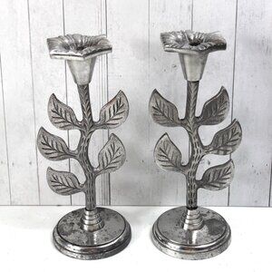 Vintage Pair of Silver Candle Holders Molded Aluminum Morning Glory Flowers